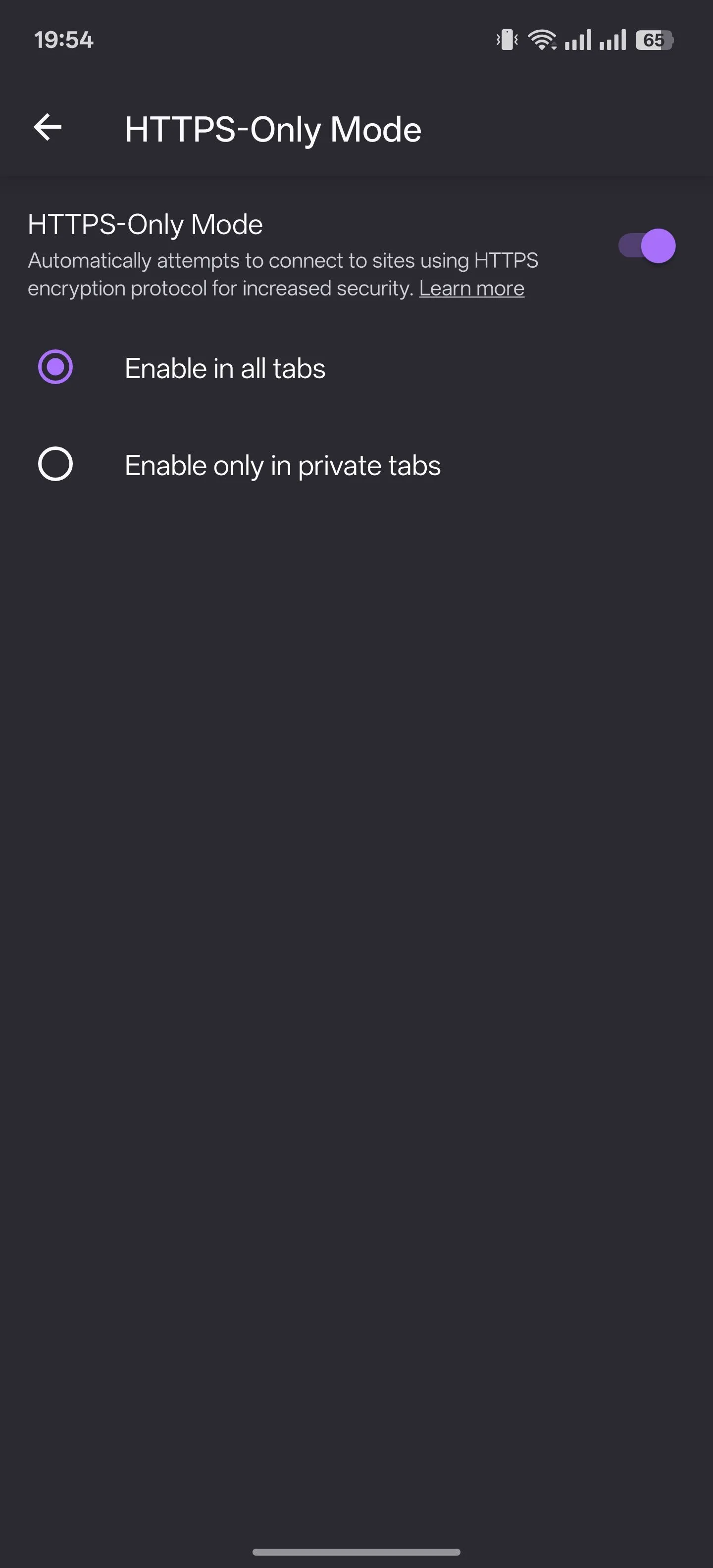 Cài đặt tính năng Chế độ chỉ HTTPS trong trình duyệt Firefox dành cho Android, minh họa tùy chọn bảo mật.