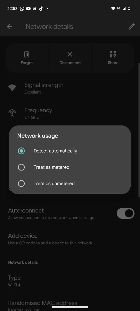 Cài đặt "Treat as metered" để giới hạn dữ liệu nền trên thiết bị Android kết nối hotspot
