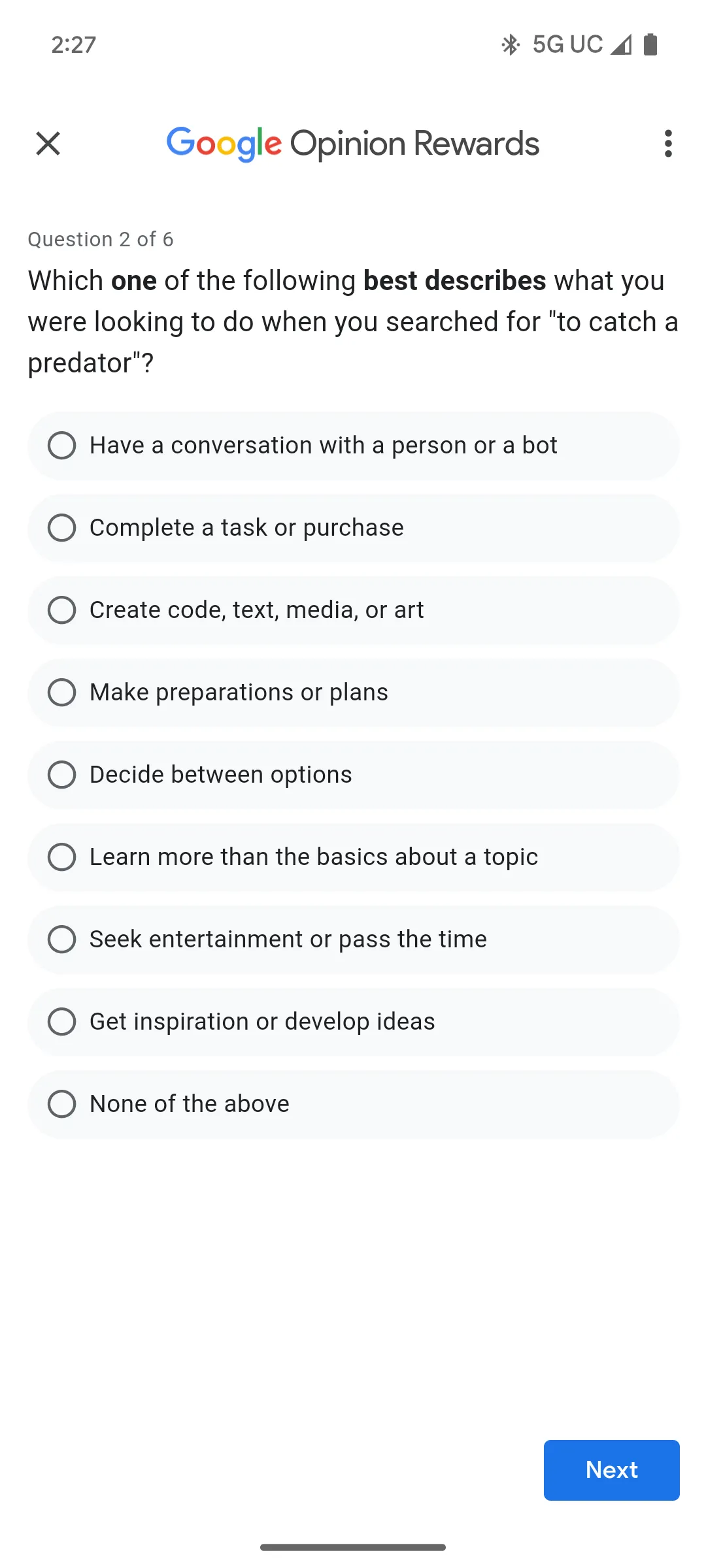Câu hỏi khảo sát của Google Opinion Rewards trên Android