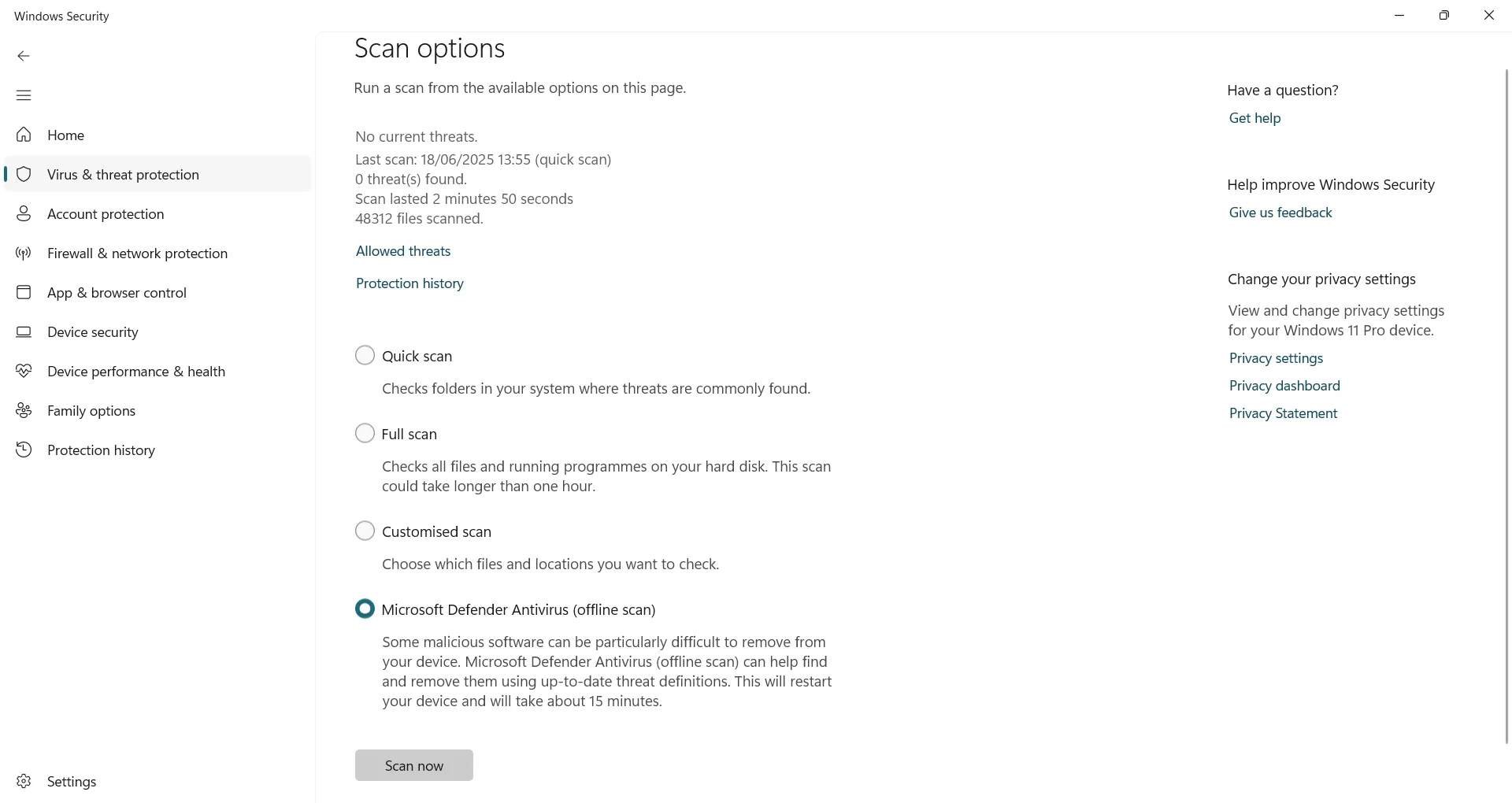 Chạy tính năng quét ngoại tuyến Microsoft Defender Antivirus trong Windows Security