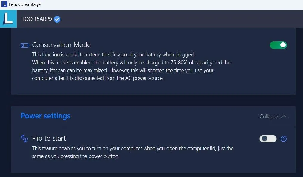 Chế độ Conservation Mode trong ứng dụng Lenovo Vantage của Lenovo.
