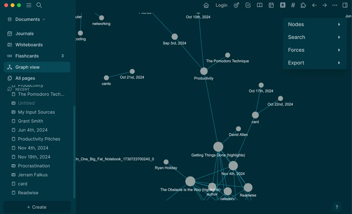 Chế độ xem biểu đồ (graph view) trong Logseq cho chủ đề năng suất, thể hiện trực quan các mối liên hệ giữa các ghi chú đã được liên kết hai chiều.