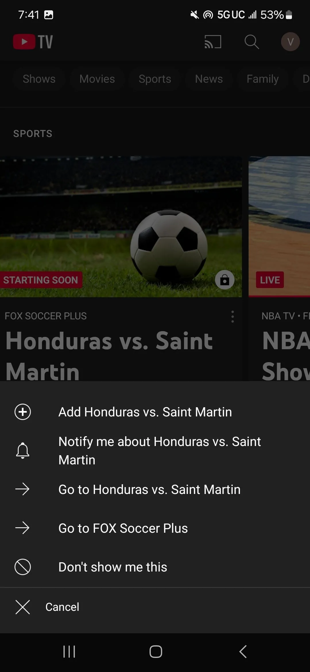 Chọn biểu tượng chuông để nhận thông báo về các chương trình YouTube TV sắp phát sóng