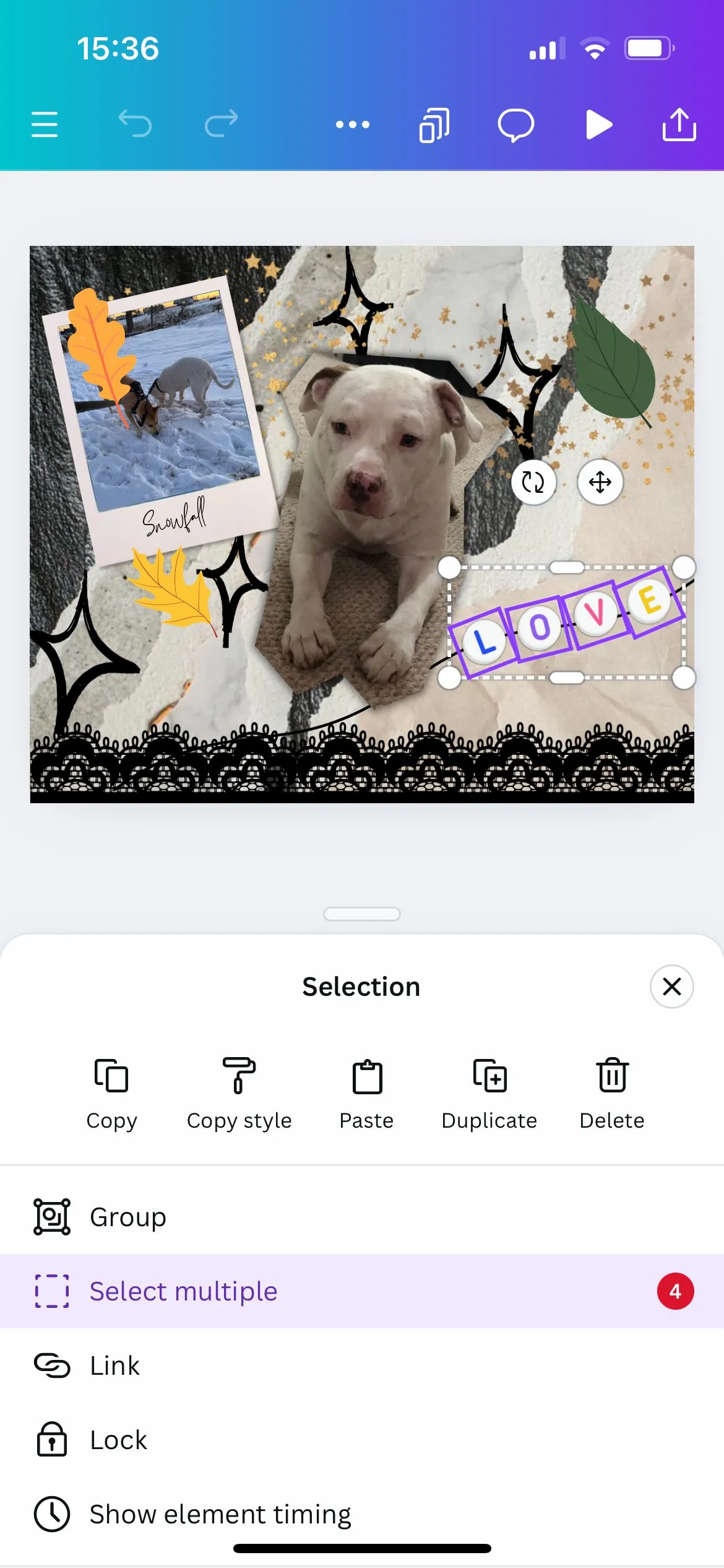 Chọn nhiều đối tượng trên ứng dụng Canva bằng cách chạm