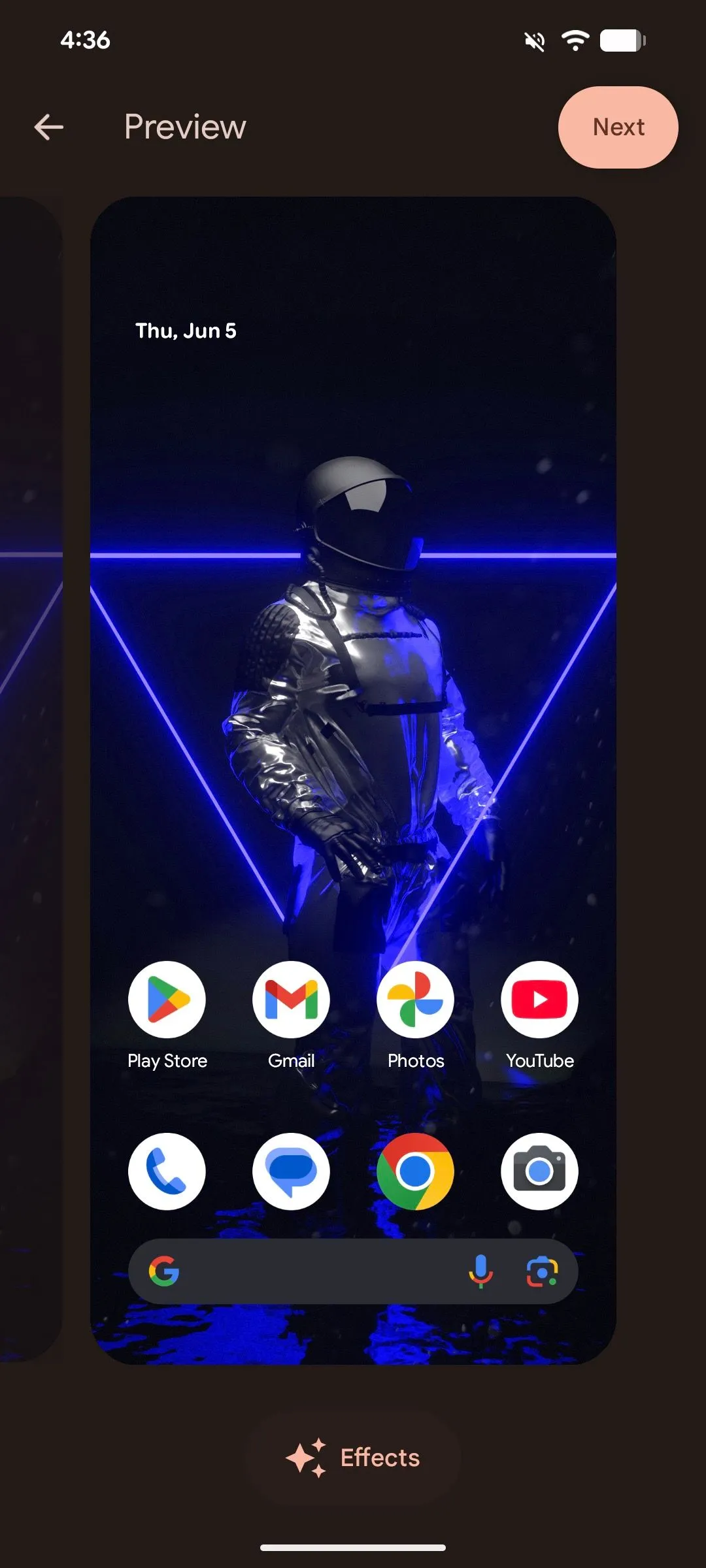 Chọn tùy chọn Hiệu ứng trên màn hình xem trước hình nền trong Android 16