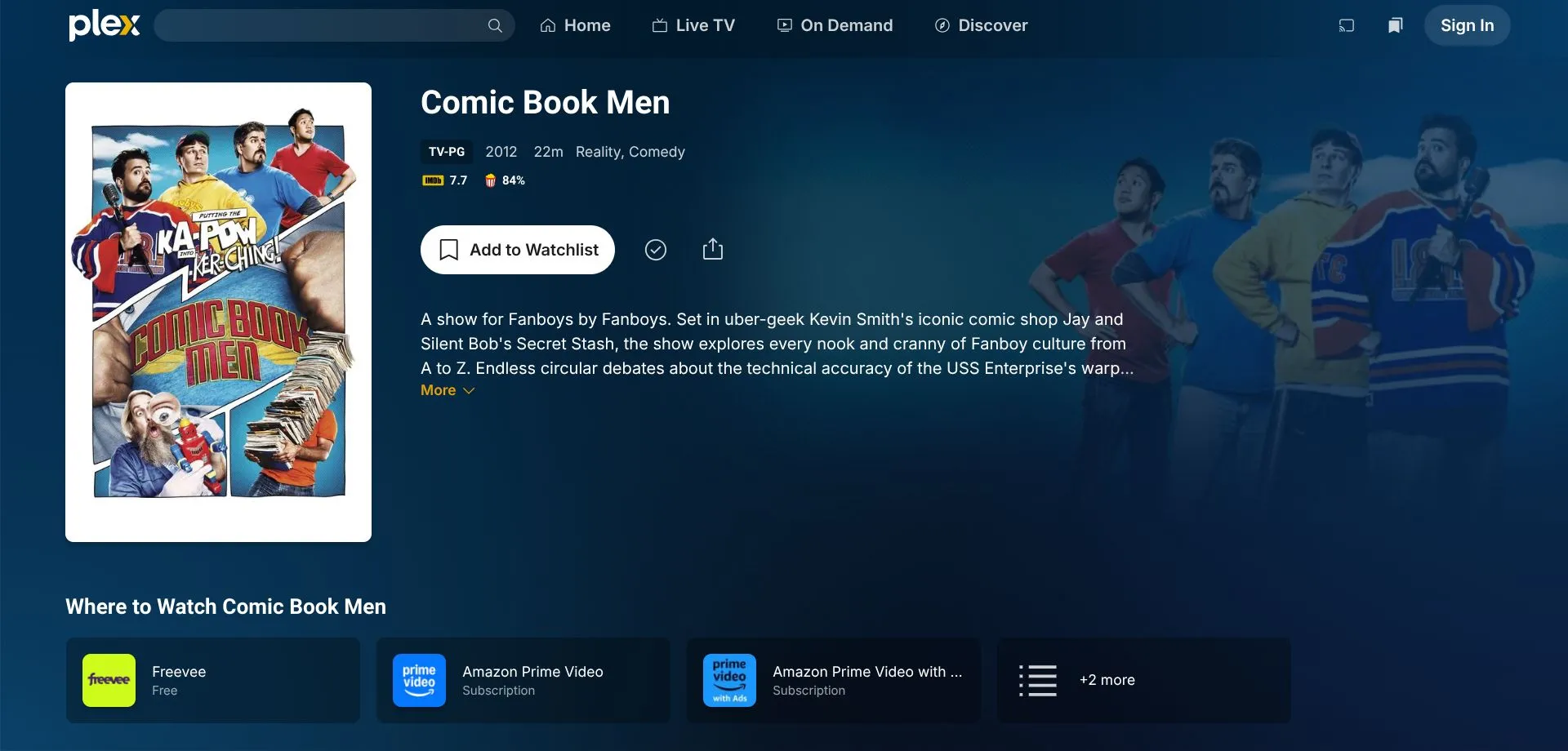 Chương trình Comic Book Men được liệt kê trên Plex