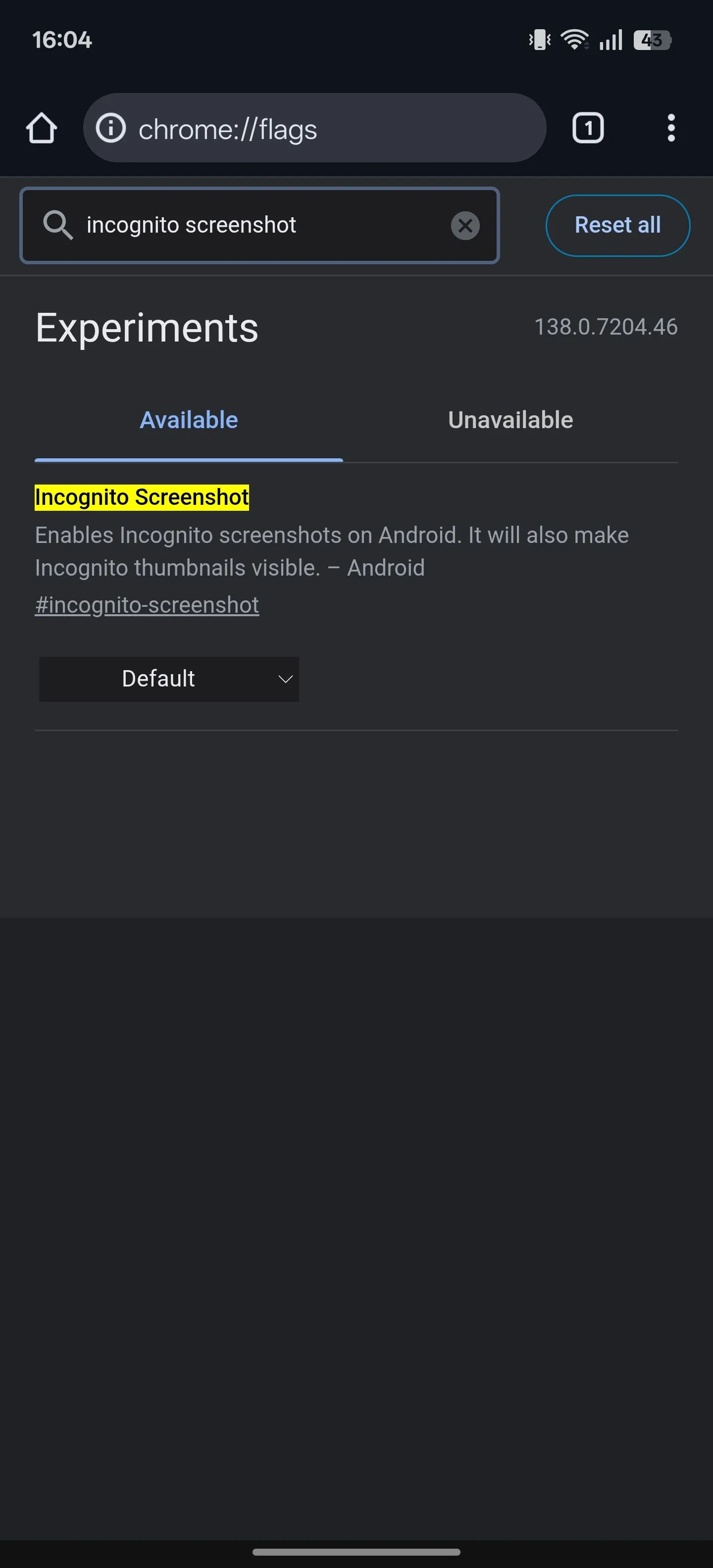 Cờ &quot;Incognito Screenshot&quot; (Chụp màn hình ẩn danh) hiển thị trên trang Chrome Flags.