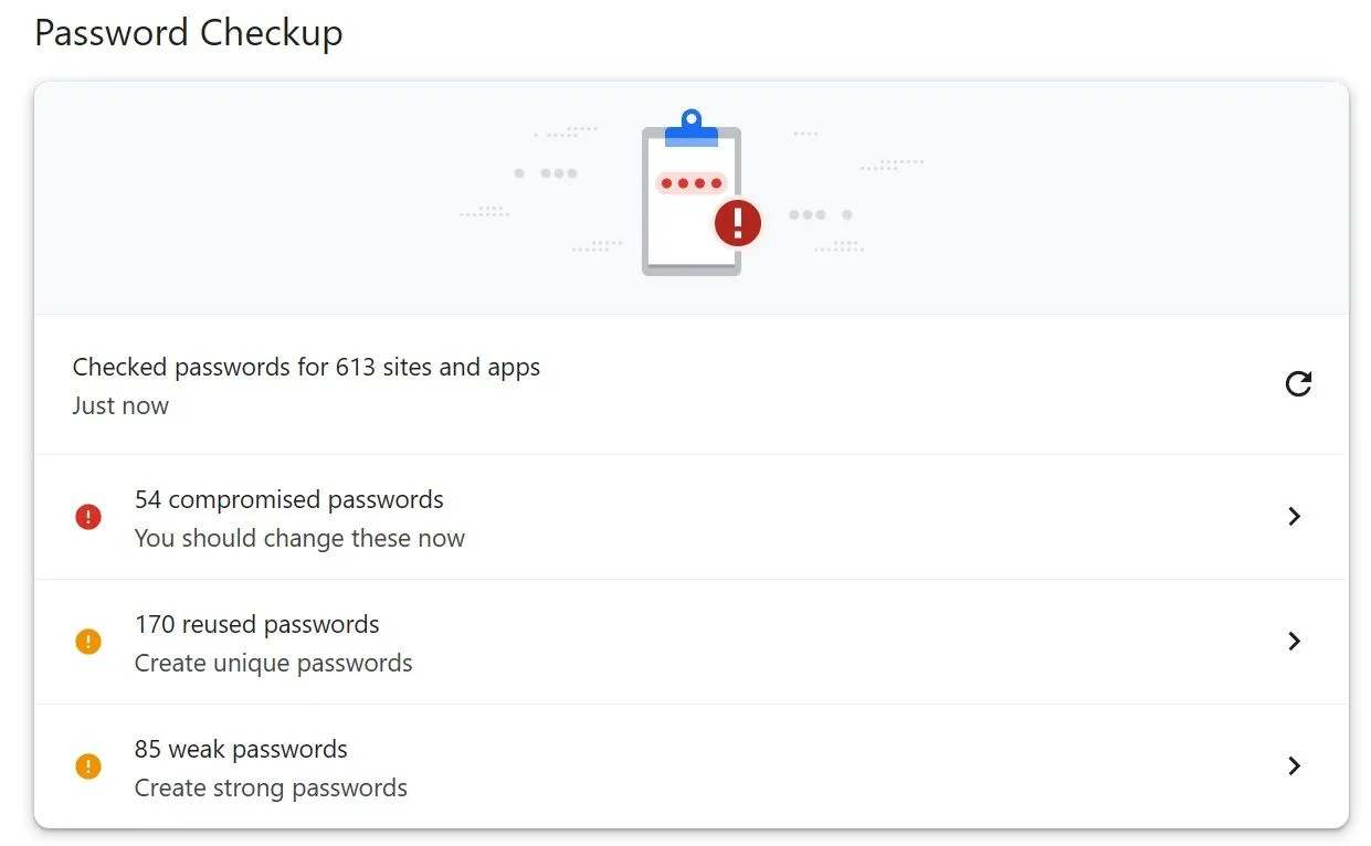 Công cụ kiểm tra mật khẩu của Google Chrome hiển thị các mật khẩu bị rò rỉ