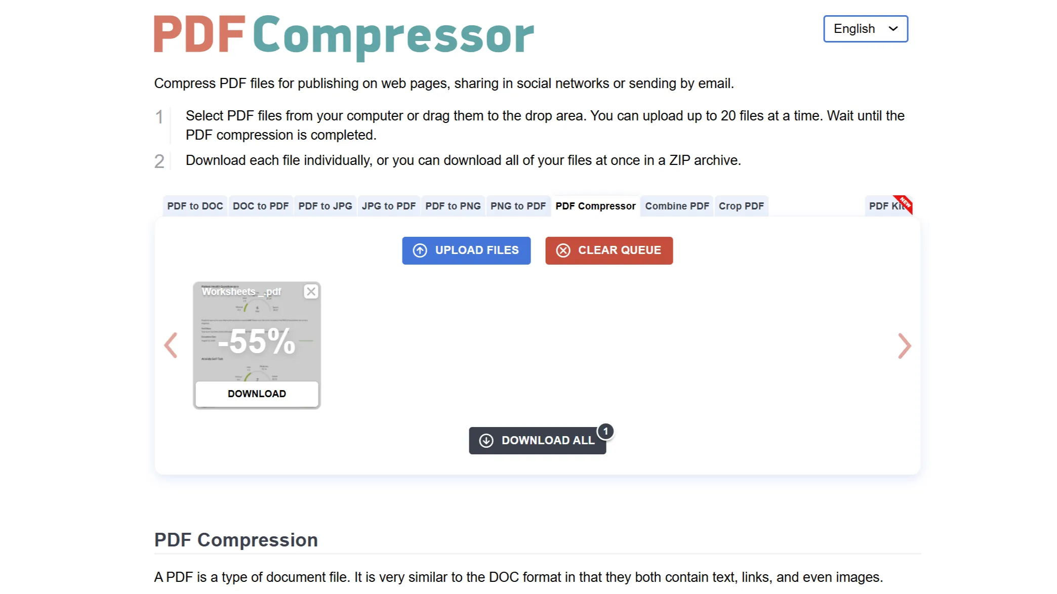 Công cụ PDF Compressor hiển thị tỷ lệ phần trăm nén file PDF.