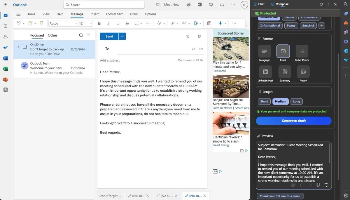 Copilot trong Edge hỗ trợ soạn email nháp