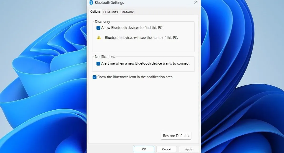 Cửa sổ Cài đặt Bluetooth trên Windows 11 để hiển thị biểu tượng