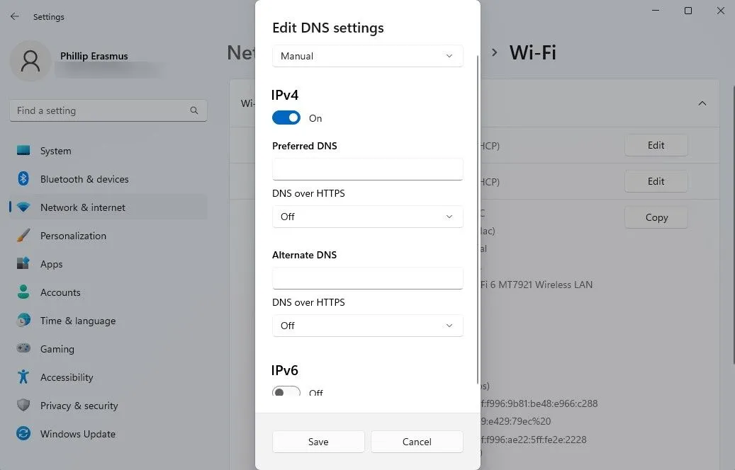 Cửa sổ chỉnh sửa cài đặt DNS để kích hoạt DNS Over HTTPS (DoH)