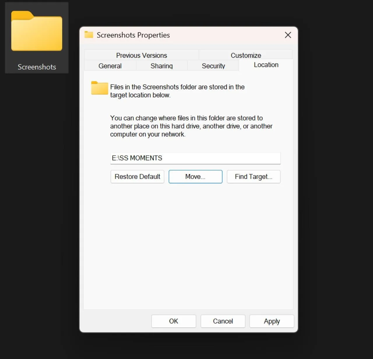 Cửa sổ File Explorer hiển thị tab Location để thay đổi đường dẫn lưu ảnh chụp màn hình