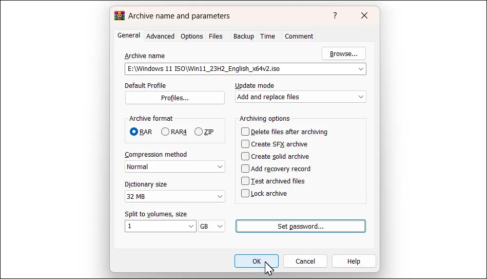 Cửa sổ thiết lập nén WinRAR hiển thị tùy chọn chia nhỏ file theo kích thước