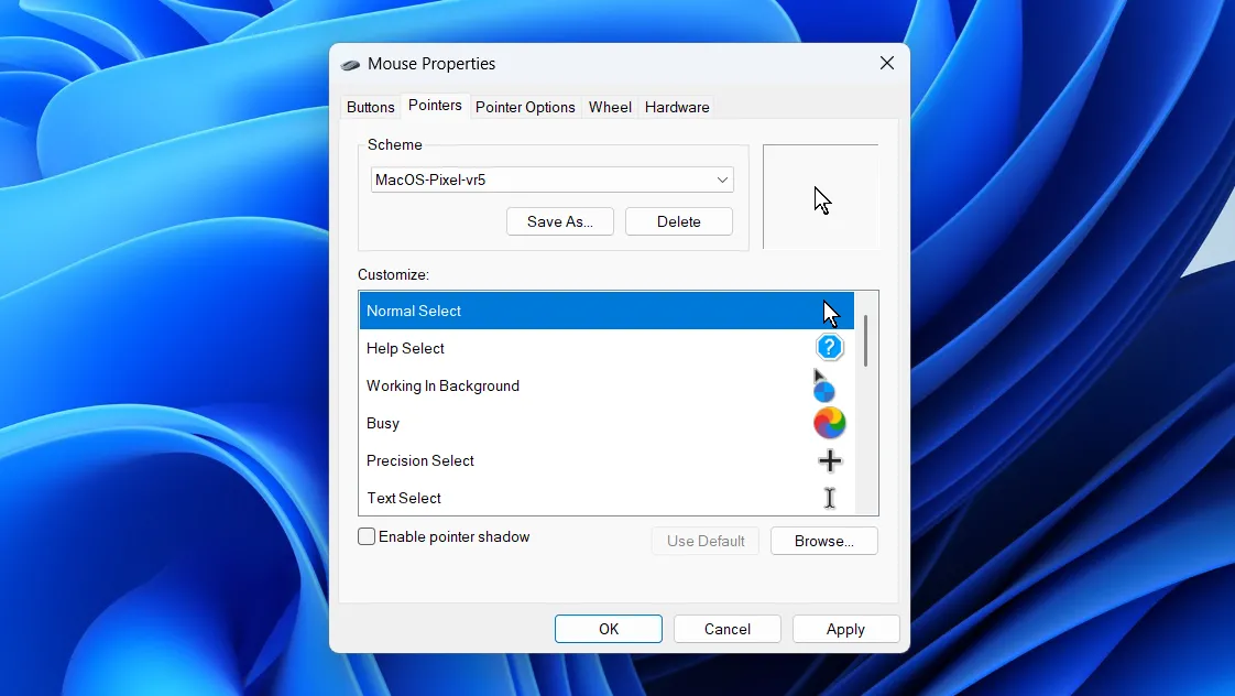 Cửa sổ Thuộc tính Chuột (Mouse Properties) cổ điển trên Windows 11, hiển thị các tùy chọn tinh chỉnh con trỏ, tốc độ nhấp đúp và ClickLock.
