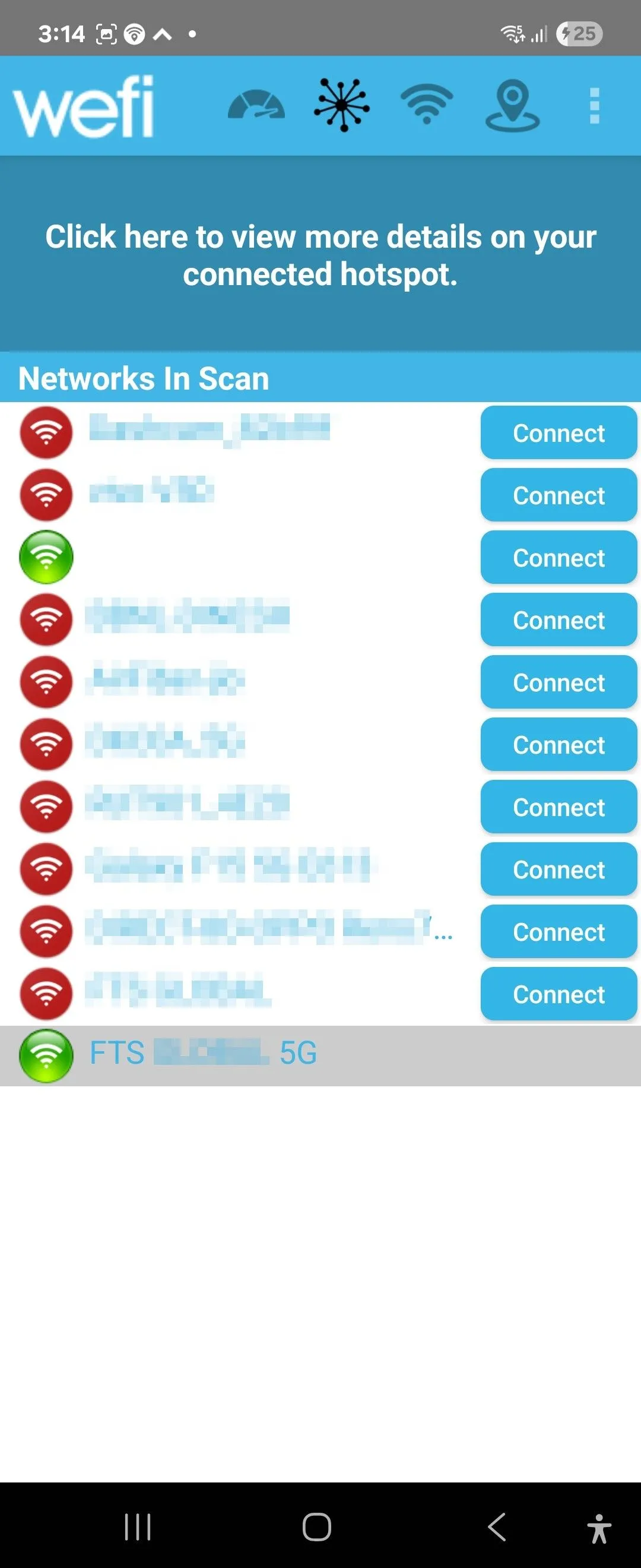 Danh sách các điểm truy cập Wi-Fi công cộng hiển thị trong ứng dụng WeFi trên thiết bị Android.