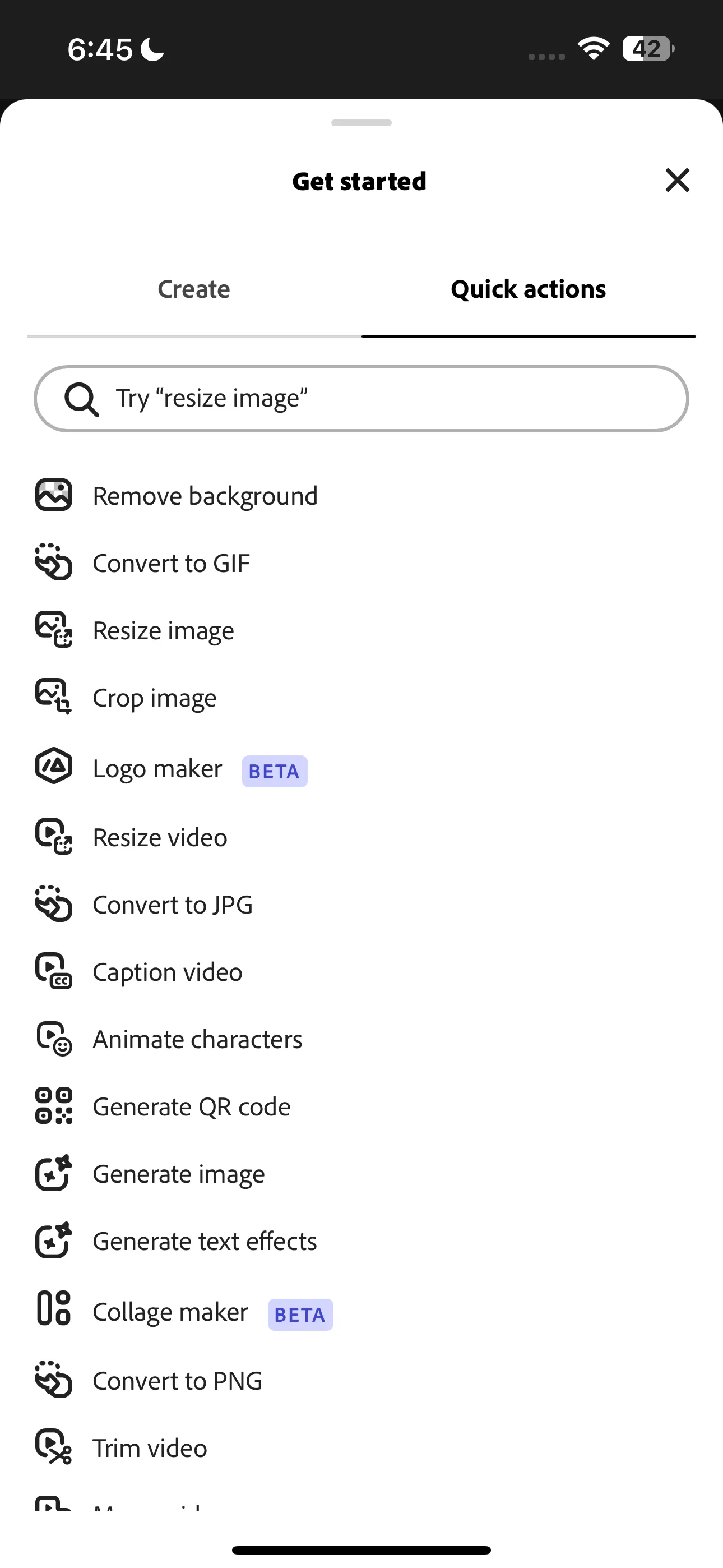 Danh sách các Quick Actions trong Adobe Express, bao gồm tính năng xóa nền
