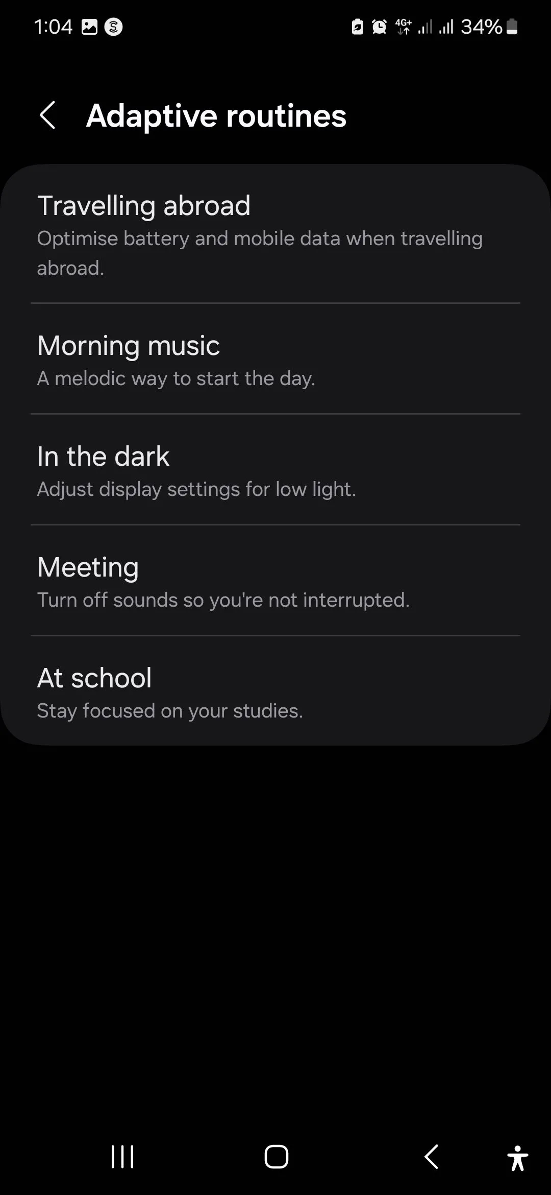 Danh sách các thói quen thích ứng trong ứng dụng Samsung Modes and Routines