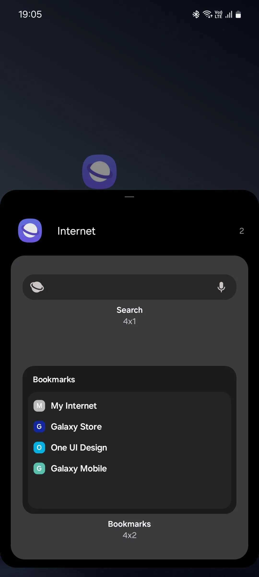 Danh sách các widget của Samsung Internet, bao gồm widget tìm kiếm và phím tắt duyệt web.