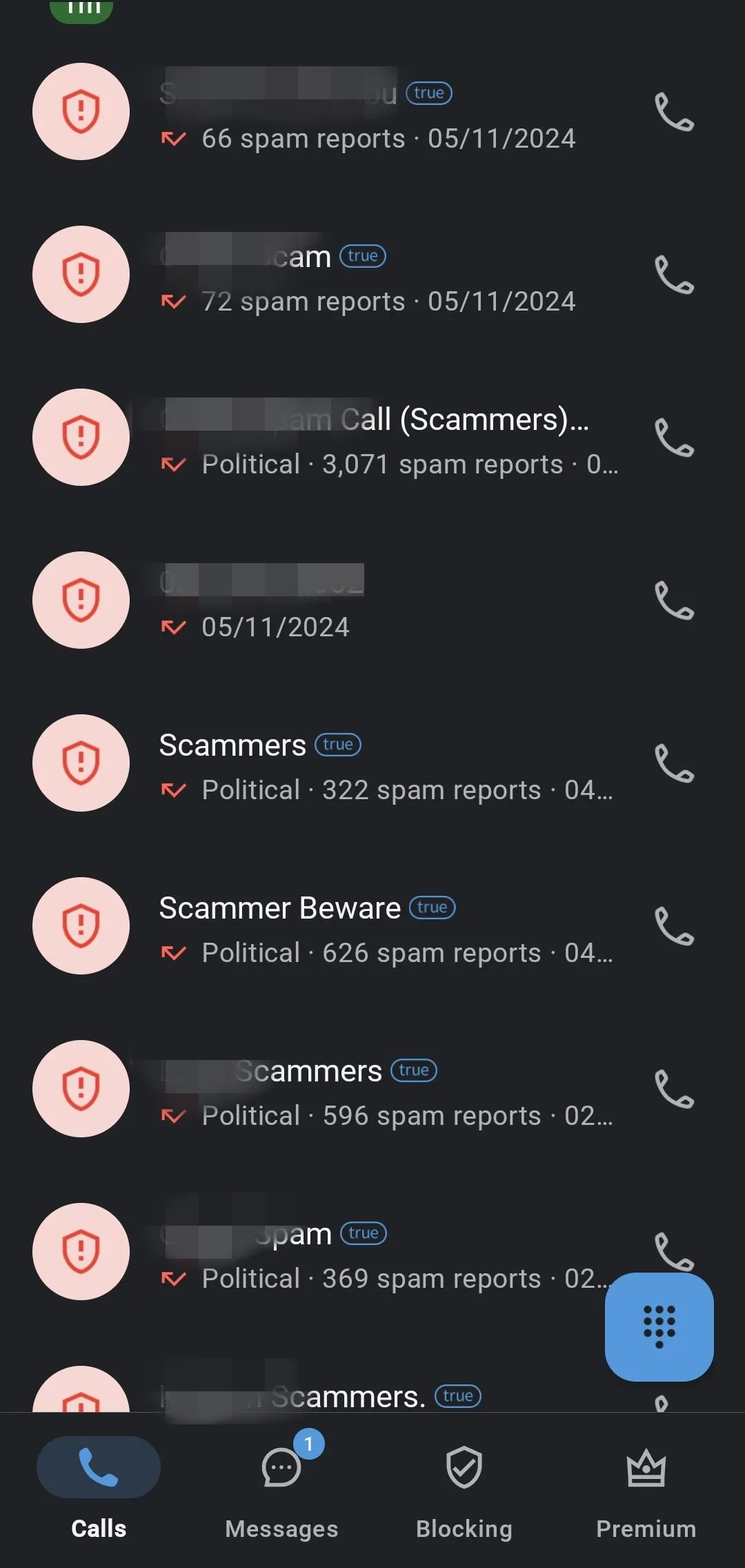 Danh sách cuộc gọi trong ứng dụng Truecaller hiển thị các cuộc gọi bị gắn cờ là spam hoặc lừa đảo.