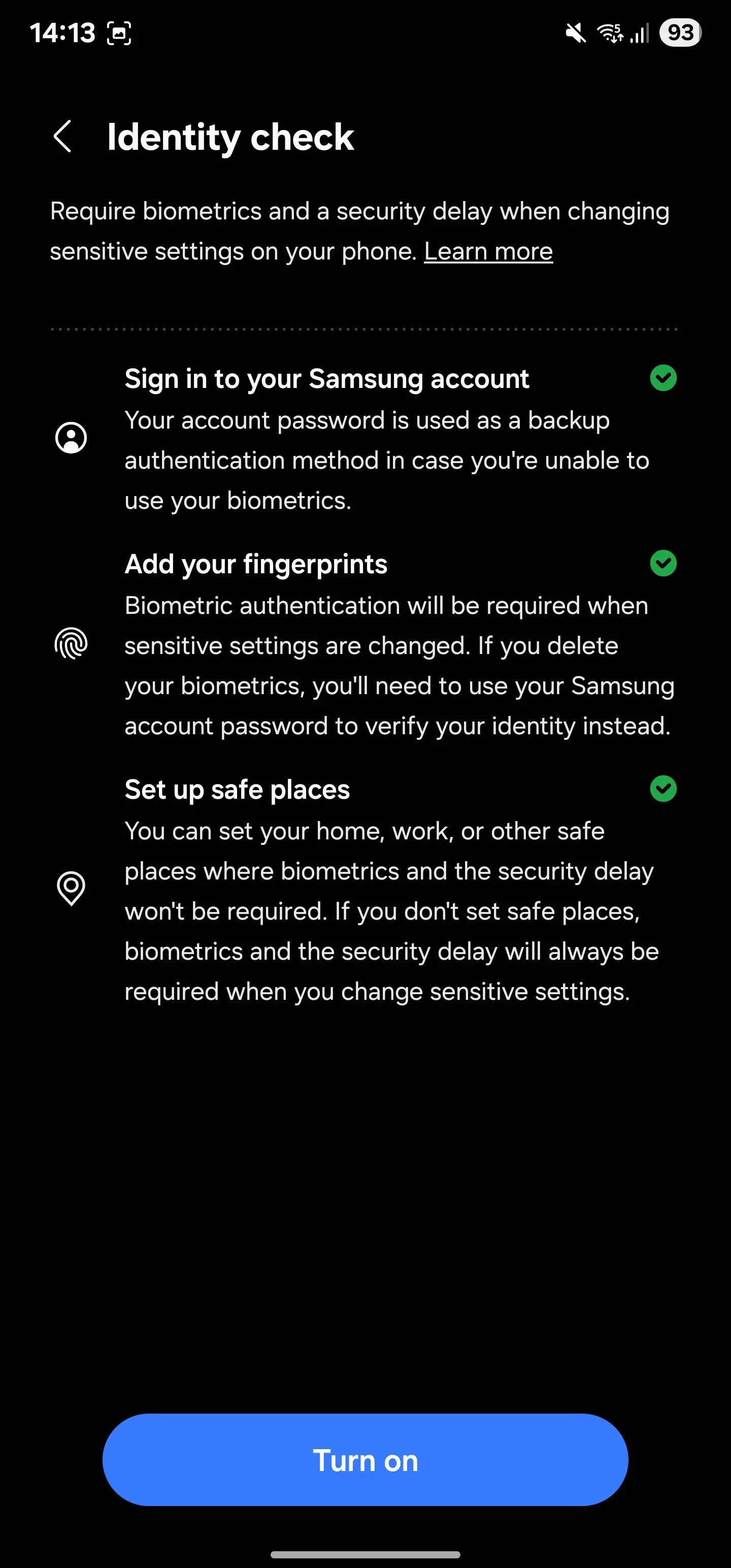 Danh sách kiểm tra để kích hoạt tính năng Identity Check trên điện thoại Samsung Galaxy.