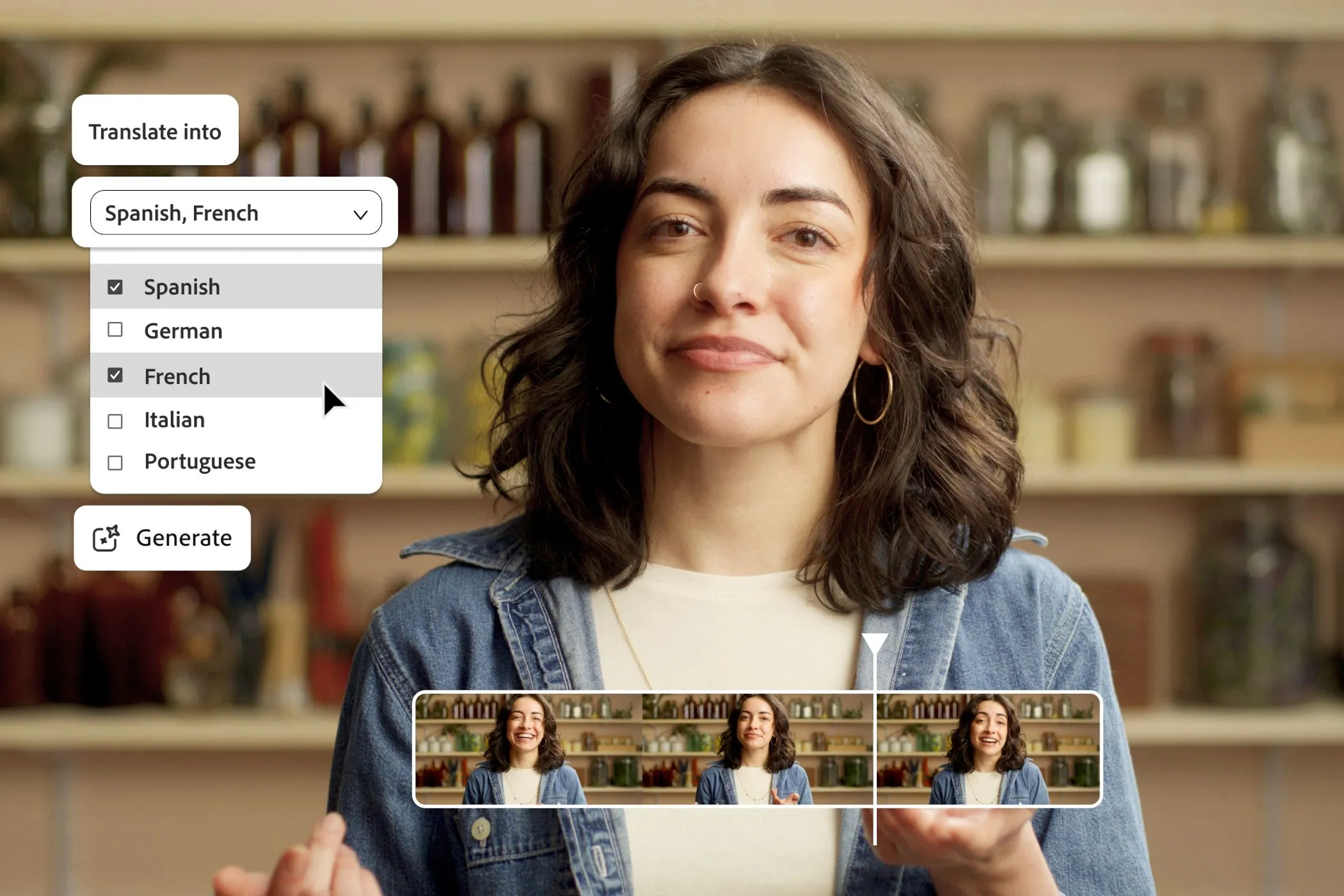 Dịch video bằng AI của Adobe Firefly, giữ nguyên giọng điệu và sắc thái ngôn ngữ.