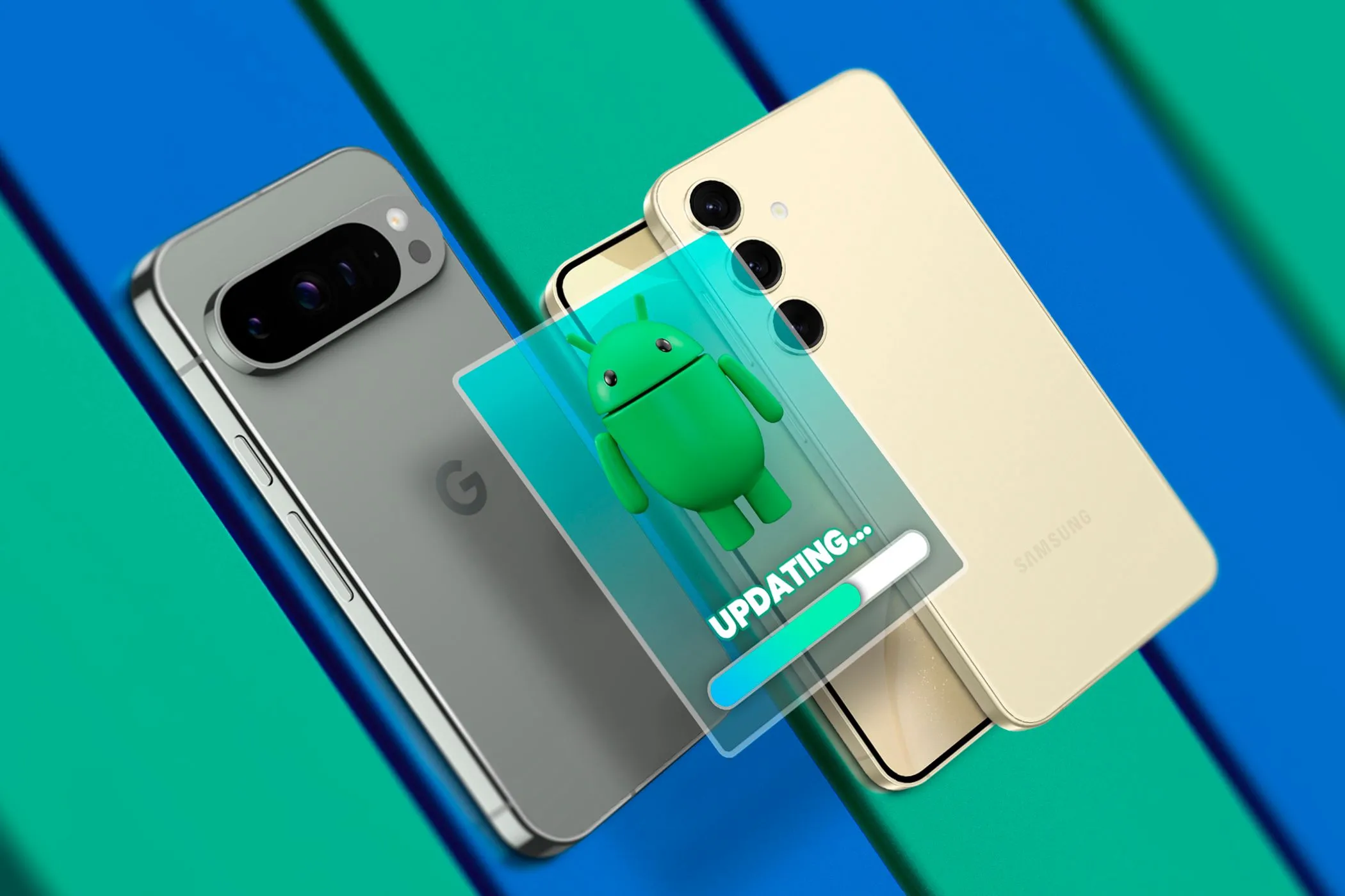Điện thoại Google Pixel và Samsung Galaxy hiển thị thông báo cập nhật hệ điều hành Android, nhấn mạnh tầm quan trọng của việc cập nhật phần mềm.