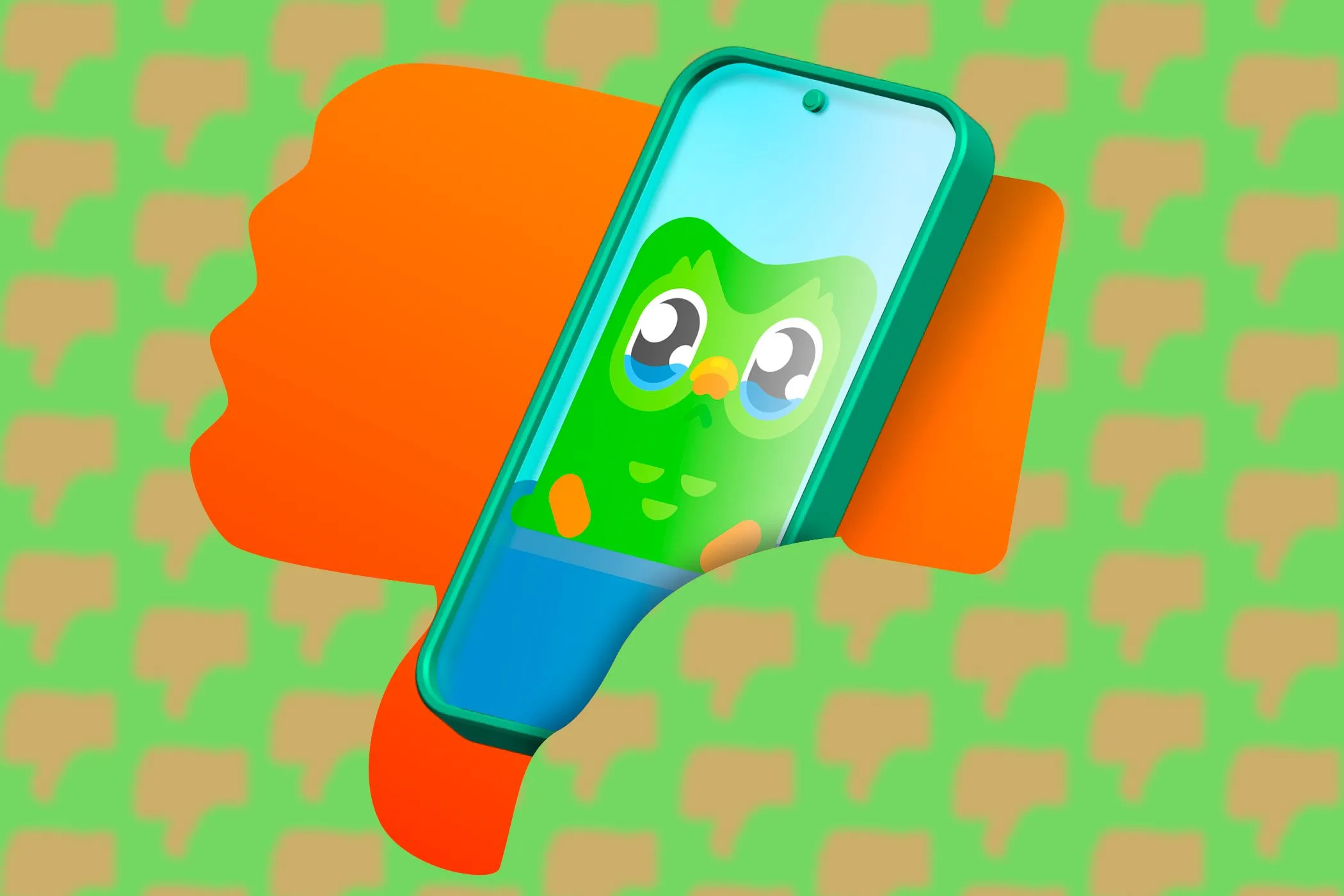 Điện thoại hiển thị ứng dụng Duolingo với biểu tượng ngón tay cái hướng xuống, cảnh báo về quyền riêng tư