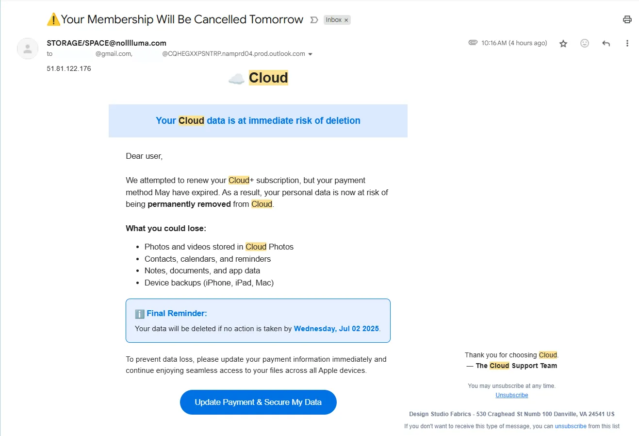 Email lừa đảo mạo danh Cloud+