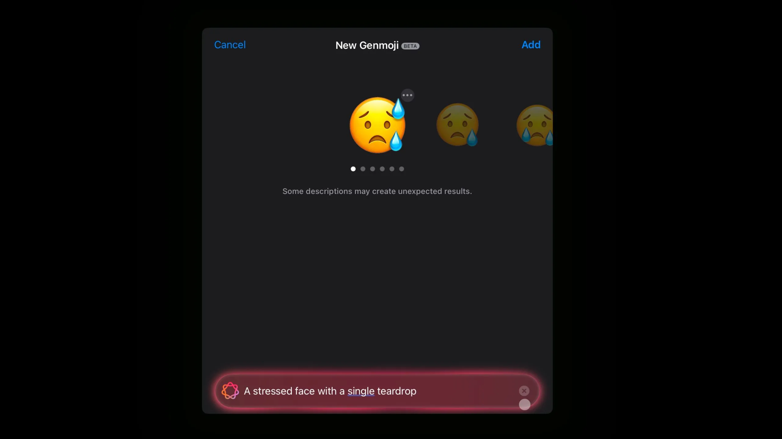 Emoji khuôn mặt căng thẳng với hai giọt nước mắt được Genmoji tạo ra