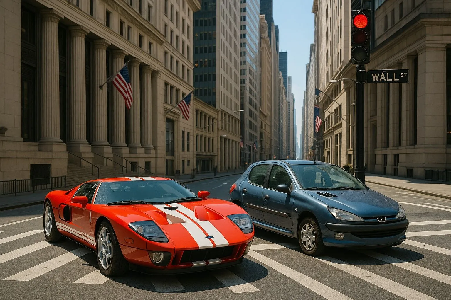 Ford GT 2006 và Peugeot 206 dừng đèn đỏ trên phố Wall, New York do ChatGPT 4o tạo, với chi tiết xe và bối cảnh chân thực