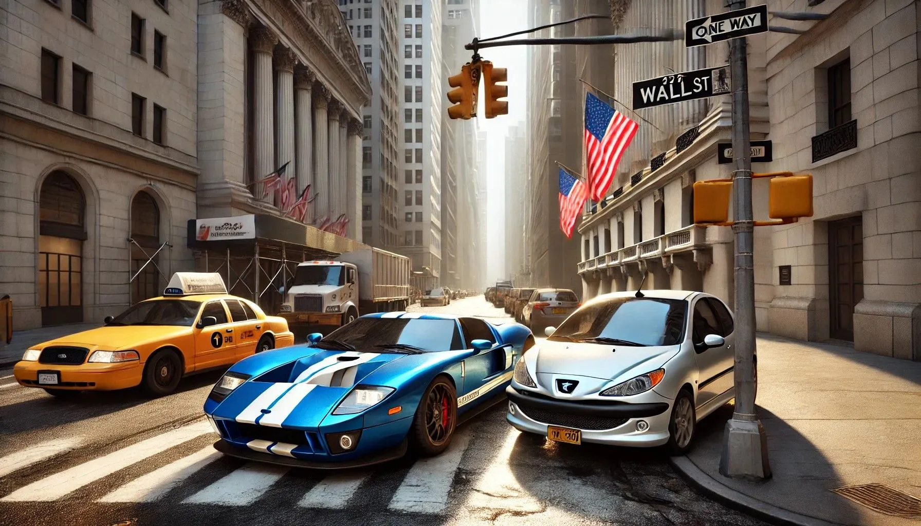 Ford GT 2006 và Peugeot 206 dừng đèn đỏ trên phố Wall, New York do DALL-E tạo, với phong cách hoạt hình thiếu thực tế