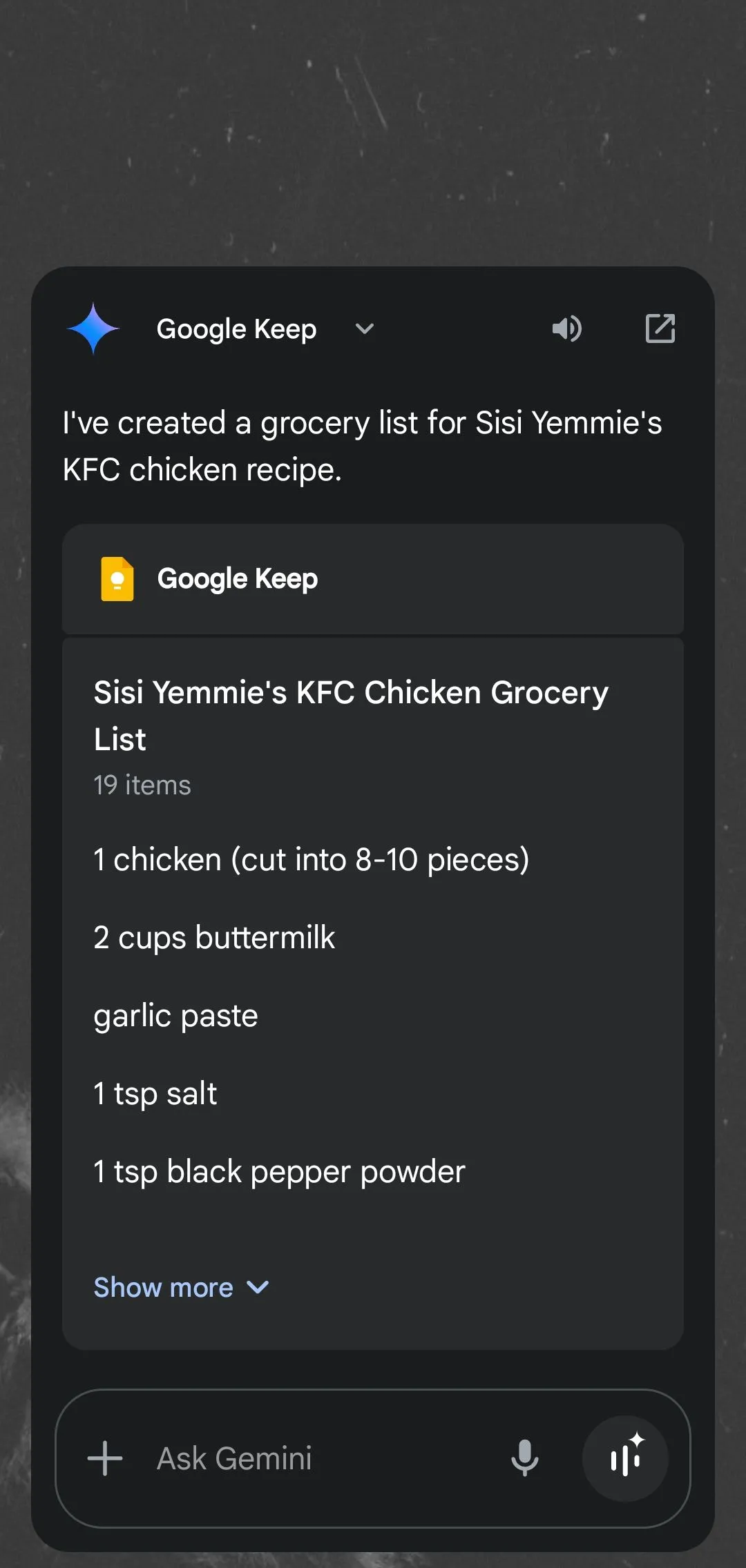 Gemini hiển thị danh sách mua sắm được tạo trực tiếp trên ứng dụng Google Keep