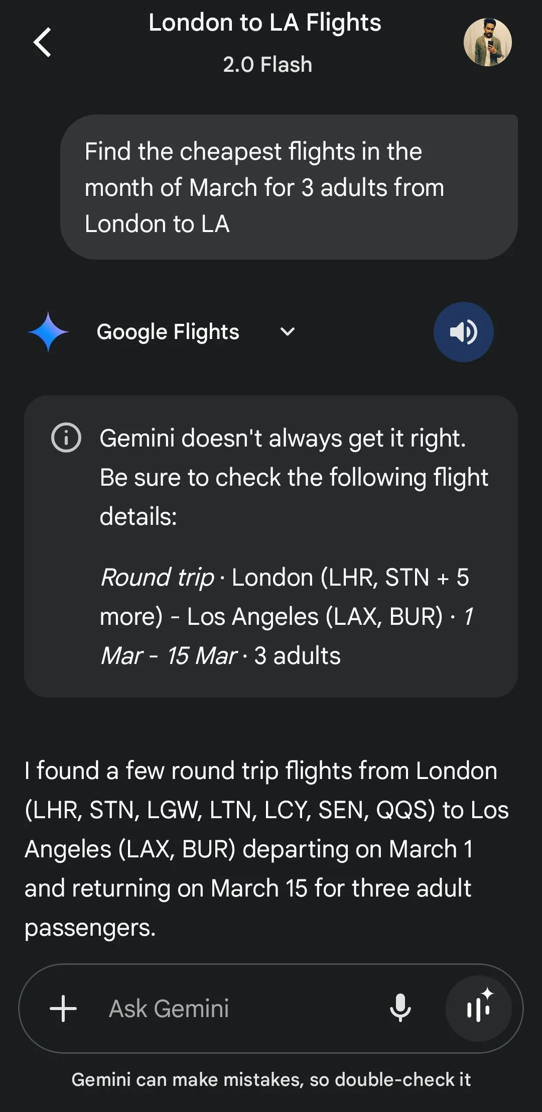 Gemini hiển thị thông tin từ Google Flights