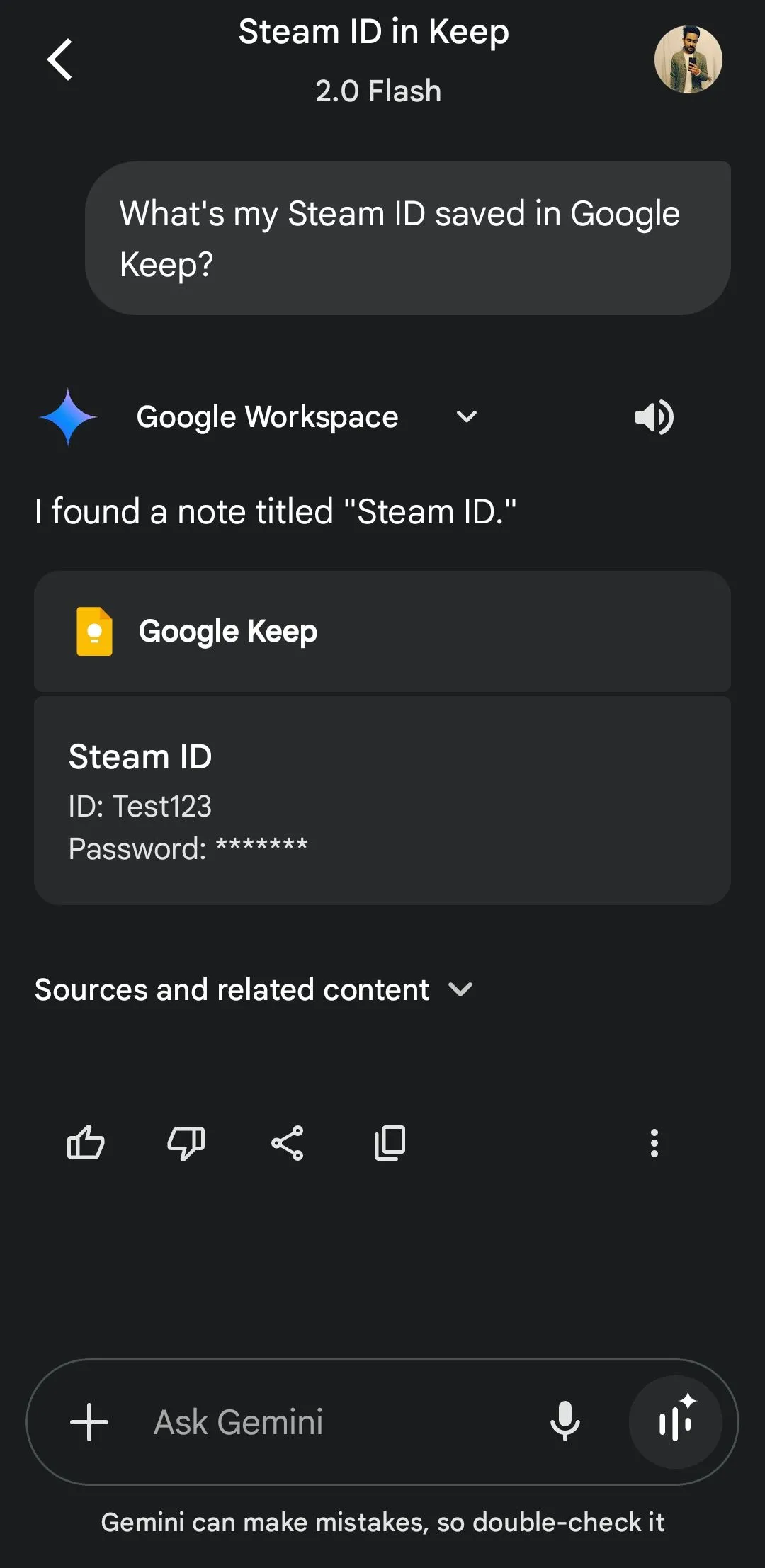 Gemini tìm thông tin về Steam ID từ Google Keep