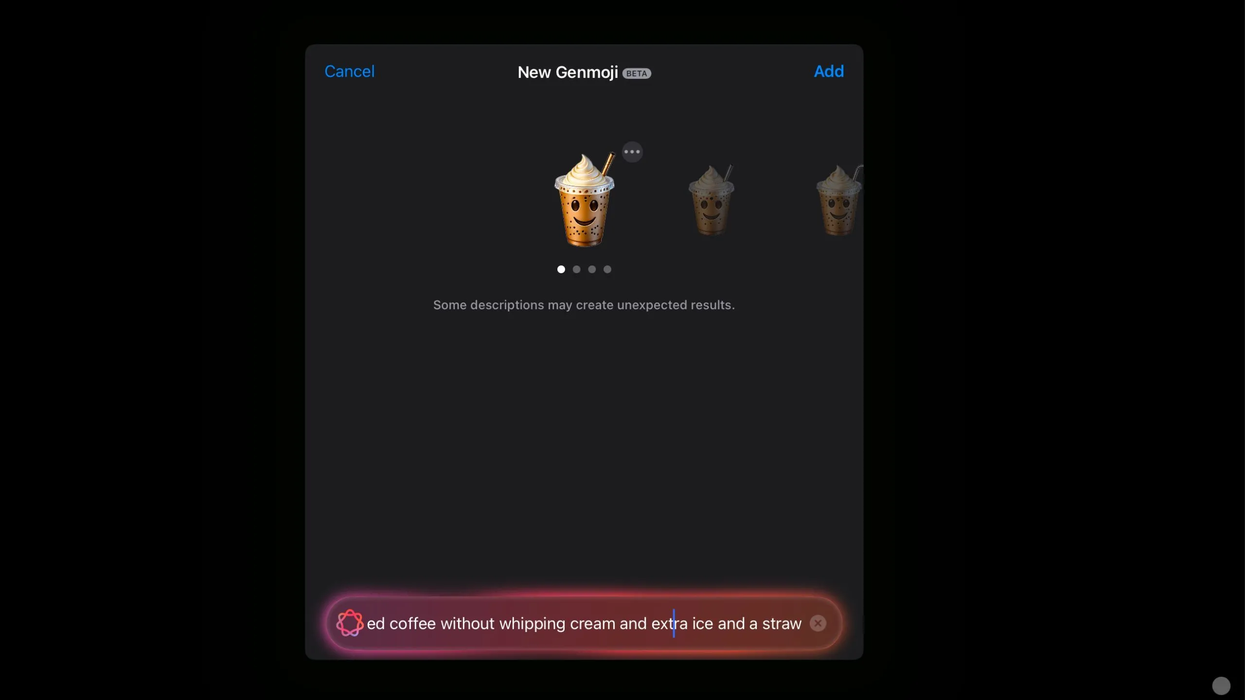 Genmoji ly cà phê sữa đá có thêm mặt cười không mong muốn
