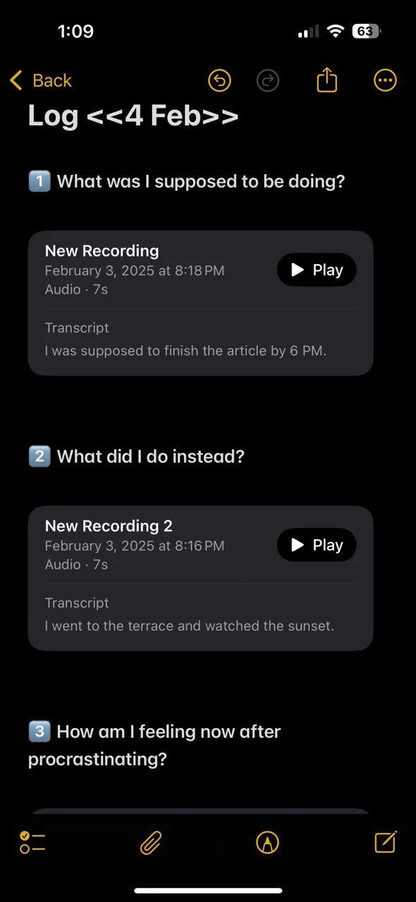Ghi chú đã được chuyển đổi giọng nói thành văn bản trong nhật ký trì hoãn Apple Notes