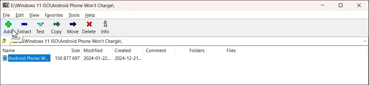 Giao diện 7-Zip với tùy chọn &quot;Add&quot; để thêm file vào kho lưu trữ