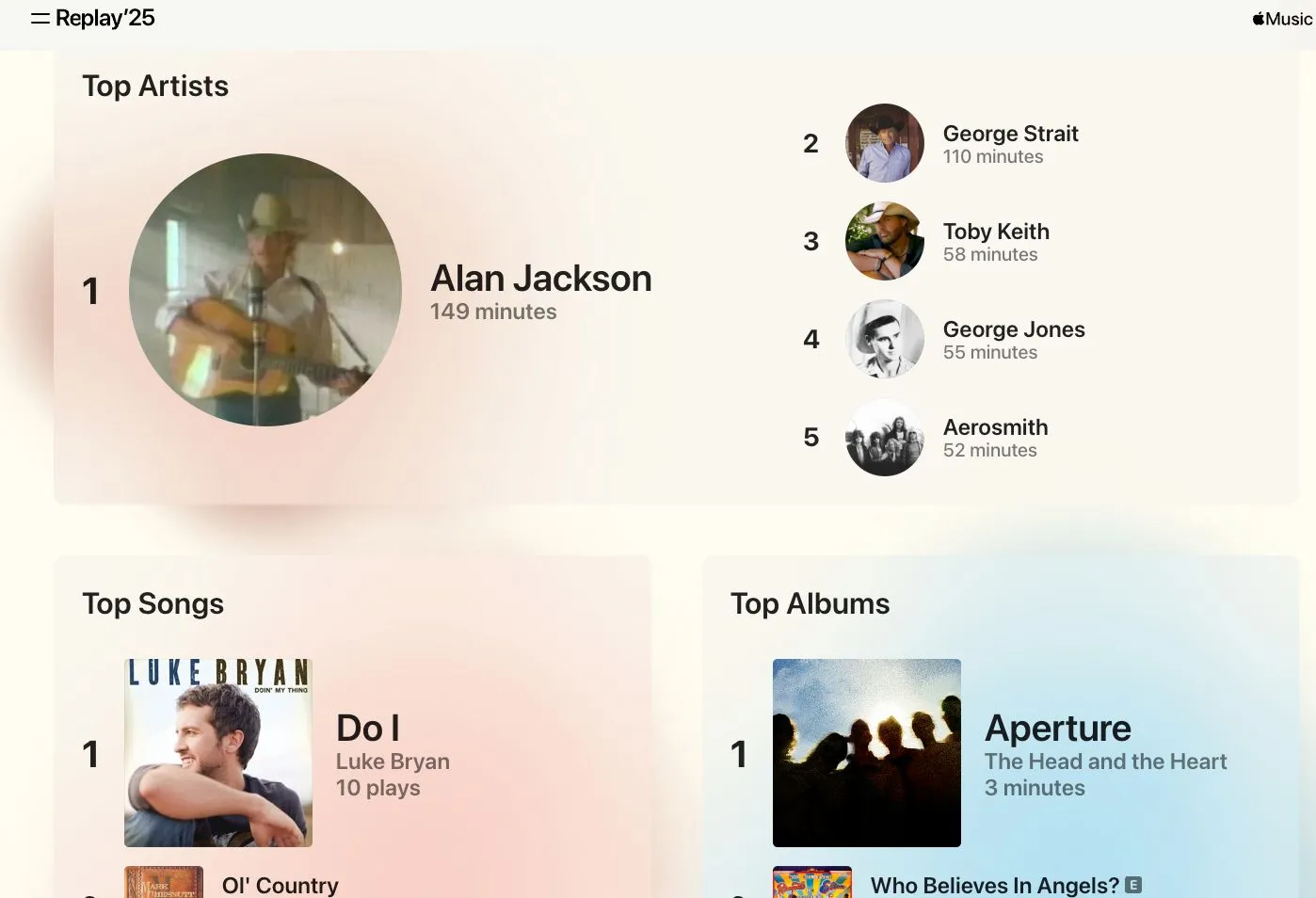 Giao diện Apple Music hiển thị danh sách phát 'Replay 2025' hàng tháng với các bài hát được nghe nhiều nhất.