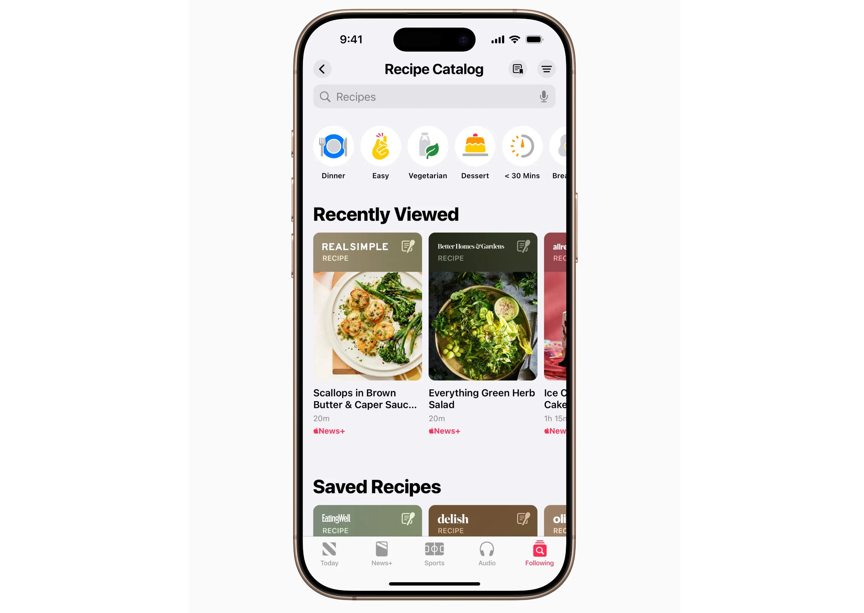 Giao diện Apple News+ Food hiển thị danh mục các công thức nấu ăn đa dạng, nguồn cảm hứng ẩm thực trong iOS 18.4