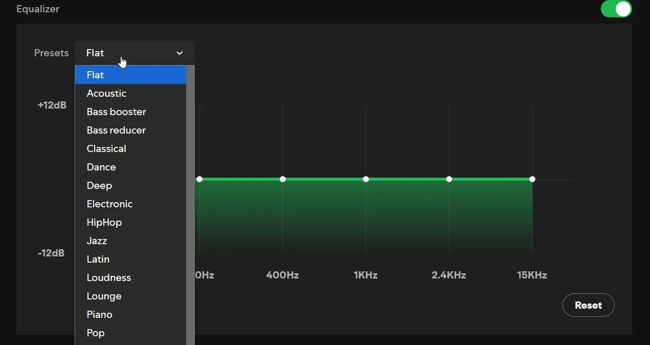Giao diện bộ chỉnh âm Equalizer của Spotify cho phép tùy chỉnh tần số và chọn cài đặt sẵn