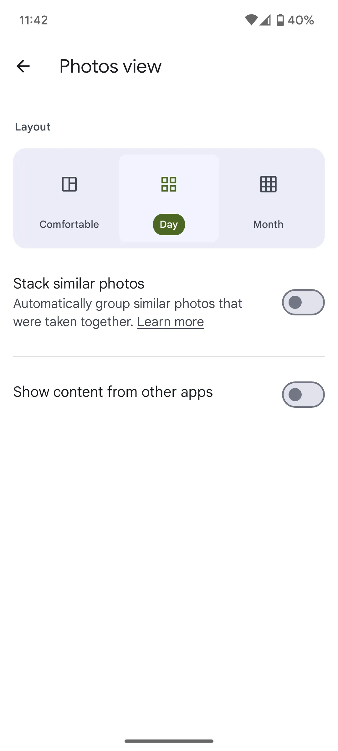 Giao diện cài đặt ẩn nội dung từ các ứng dụng khác trong Google Photos