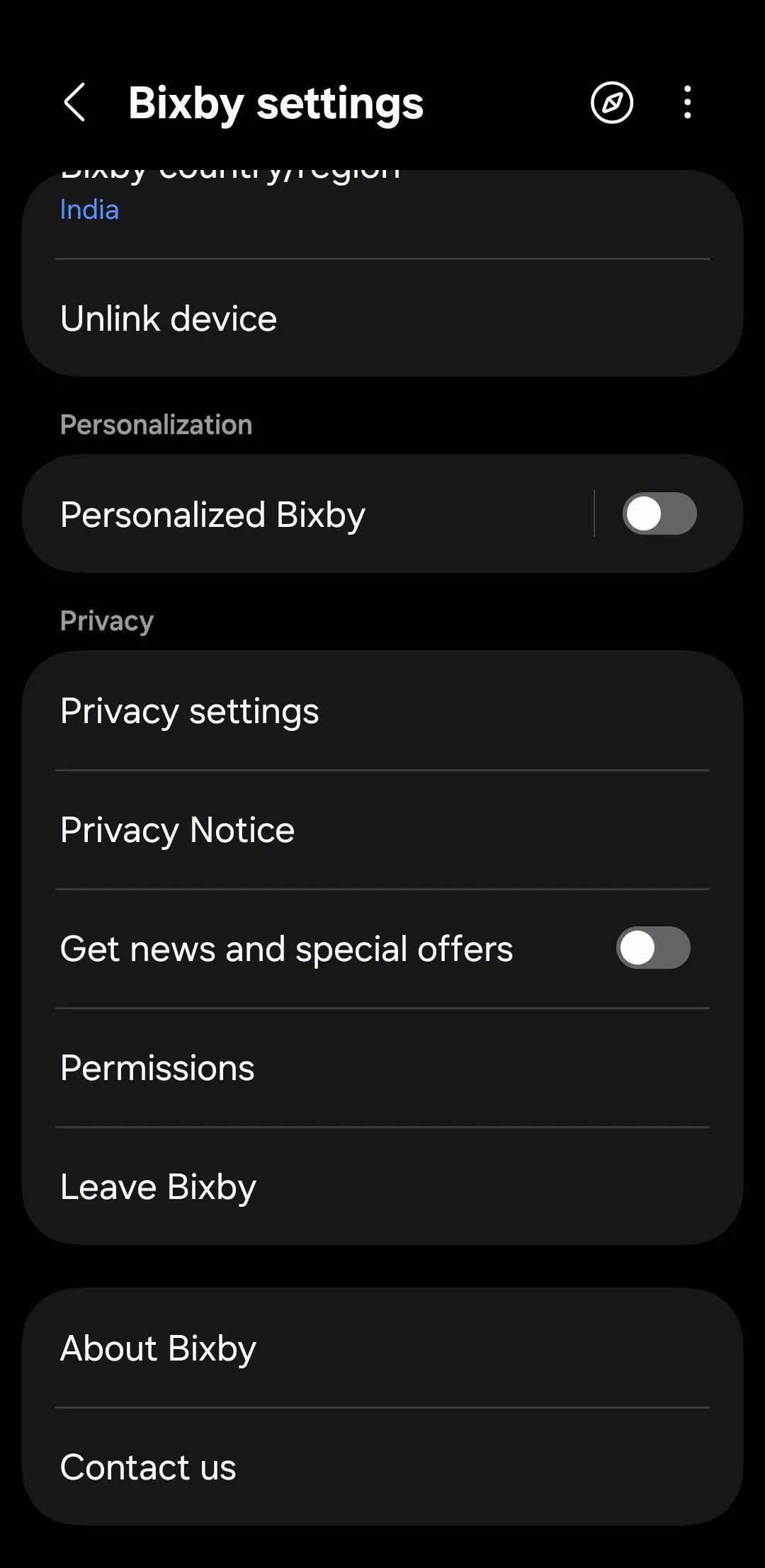 Giao diện cài đặt Bixby trên điện thoại Samsung, tùy chọn xử lý ngoại tuyến để bảo vệ quyền riêng tư.