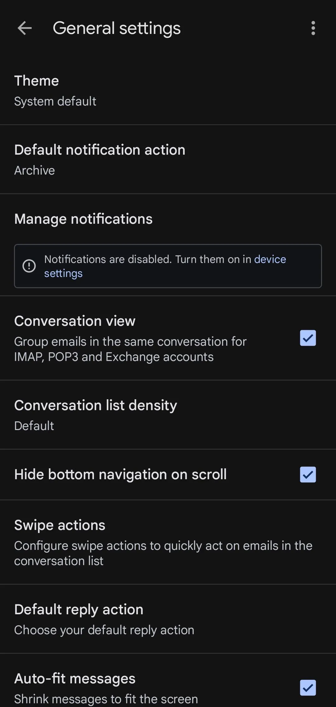 Giao diện cài đặt chung của Gmail trên di động
