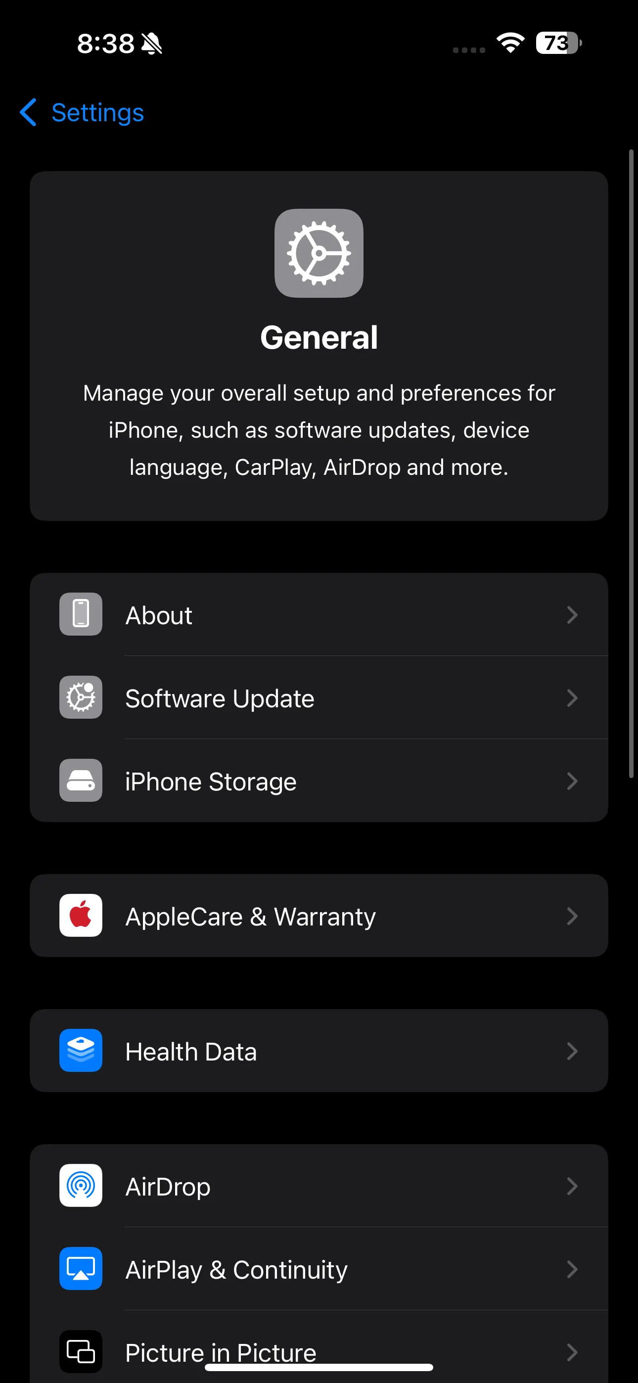Giao diện Cài đặt chung trên iPhone hiển thị các tùy chọn quản lý thiết bị