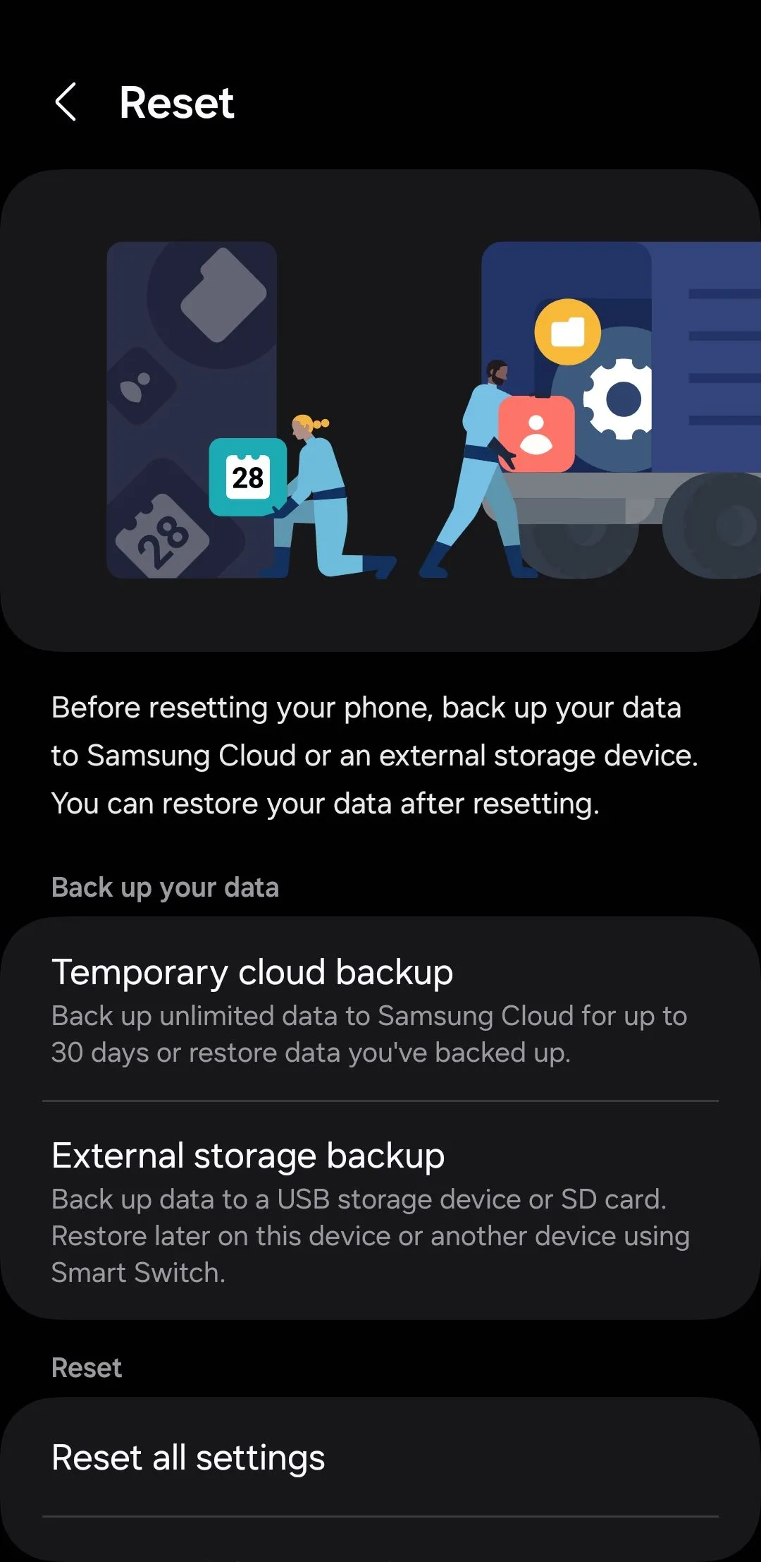 Giao diện cài đặt &quot;Đặt lại&quot; trên điện thoại Samsung để khôi phục cài đặt gốc