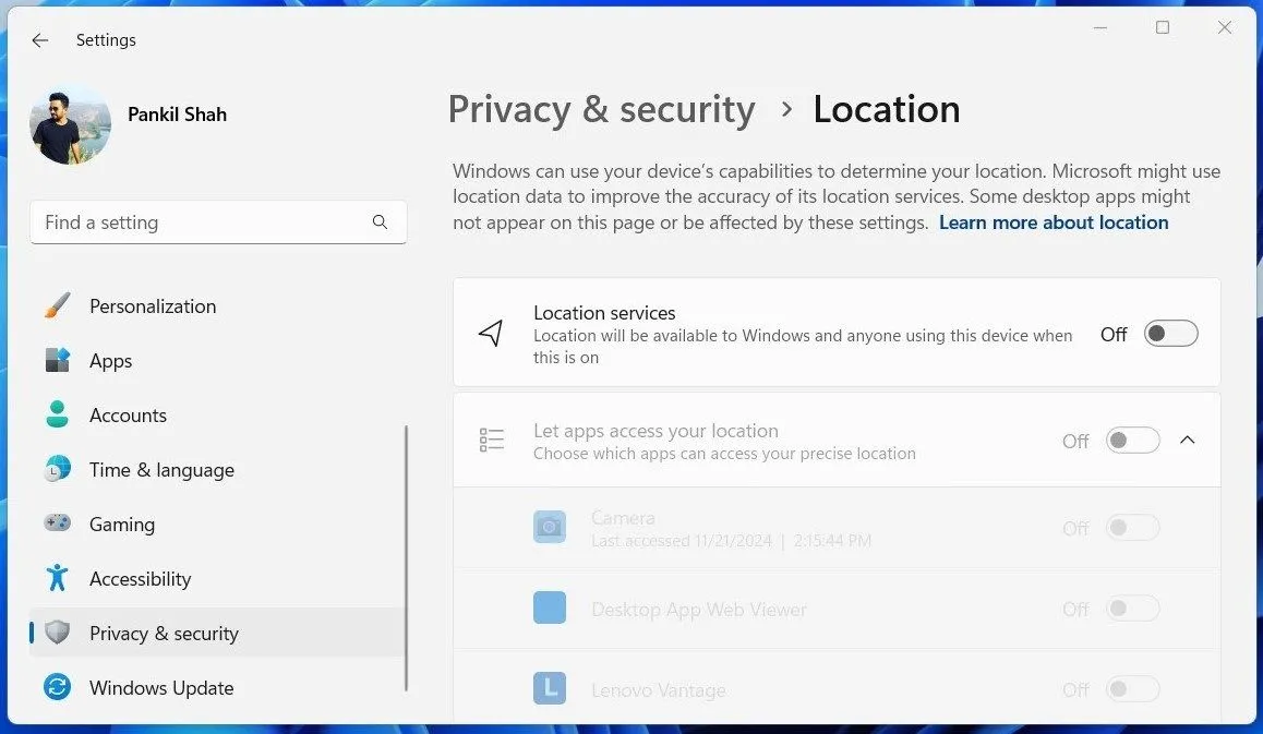 Giao diện cài đặt Dịch vụ Định vị trên Windows 11, cho phép quản lý quyền truy cập vị trí của ứng dụng