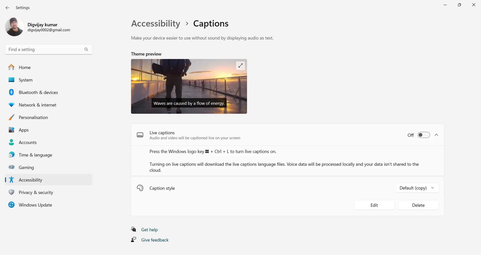 Giao diện cài đặt Live Captions (Phụ đề trực tiếp) trong mục Trợ năng của Windows, hiển thị tùy chọn bật tính năng.