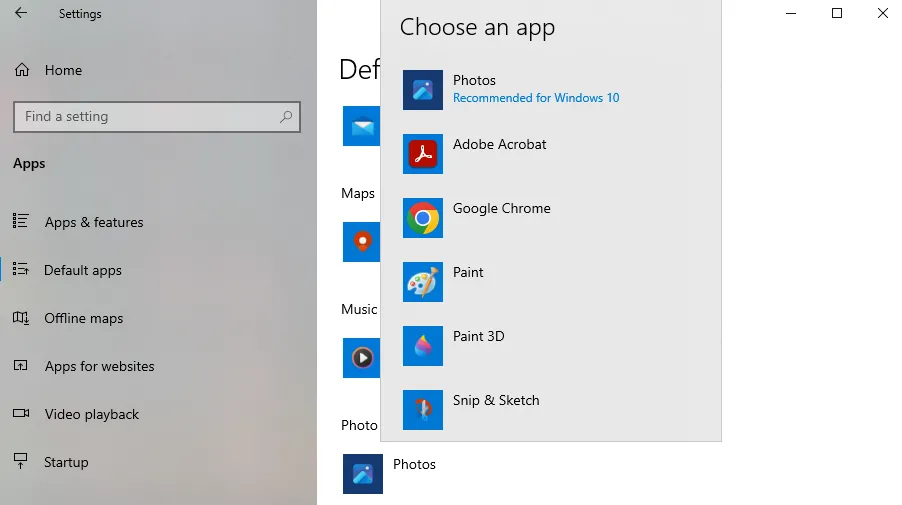 Giao diện cài đặt ứng dụng mặc định trên Windows 10 giúp thao tác dễ dàng