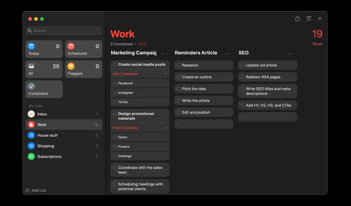 Giao diện chế độ xem cột (Kanban-style) trong ứng dụng Apple Reminders giúp tổ chức công việc trực quan